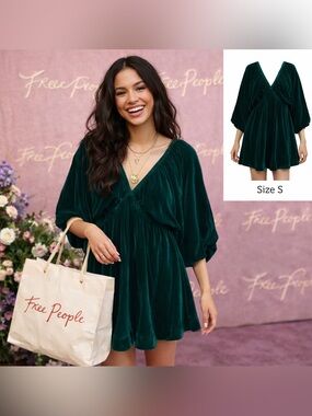 Free People Dark Green Velvet V-Neck Babydoll Mini Dress